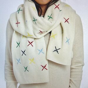 Mark & Graham Embroidered Ski Scarf Ivory Wool Blend Multicolor Ski Poles